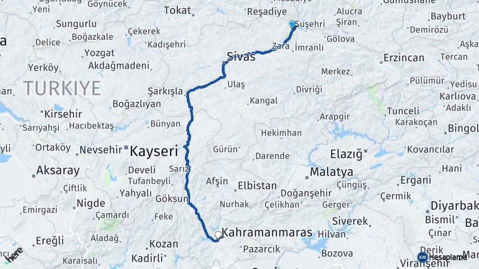 Sivas Suşehri Kahramanmaraş Arası Kaç Km - Yol Haritası