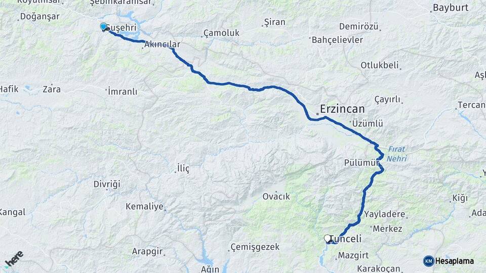 Sivas Suşehri Tunceli Arası Kaç Km - Yol Haritası
