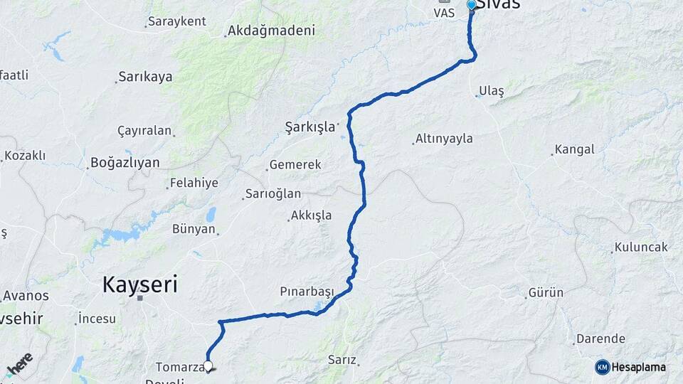 Sivas Tomarza Kayseri Arası Kaç Km - Yol Haritası
