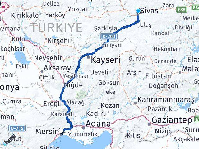 Sivas Toroslar Mersin Arası Kaç Km - Yol Haritası