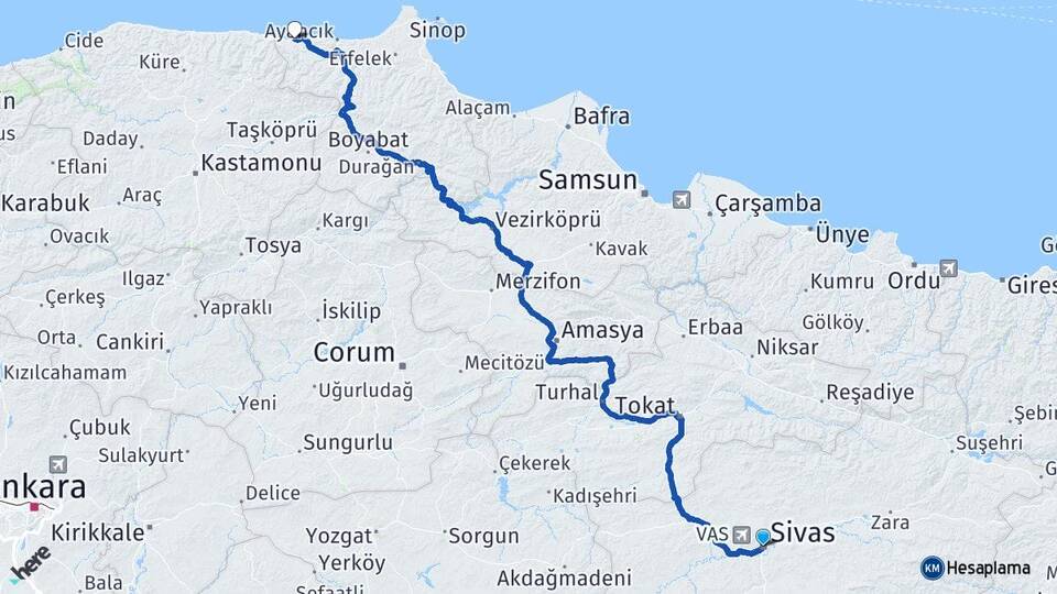 Sivas Türkeli Sinop Arası Kaç Km - Yol Haritası