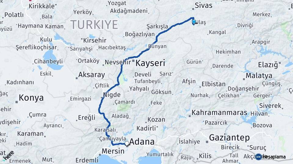 Sivas Ulaş Adana Arası Kaç Km - Yol Haritası