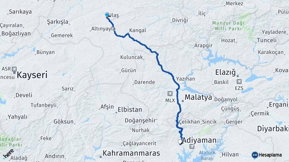 Sivas Ulaş Adıyaman Arası Kaç Km - Yol Haritası