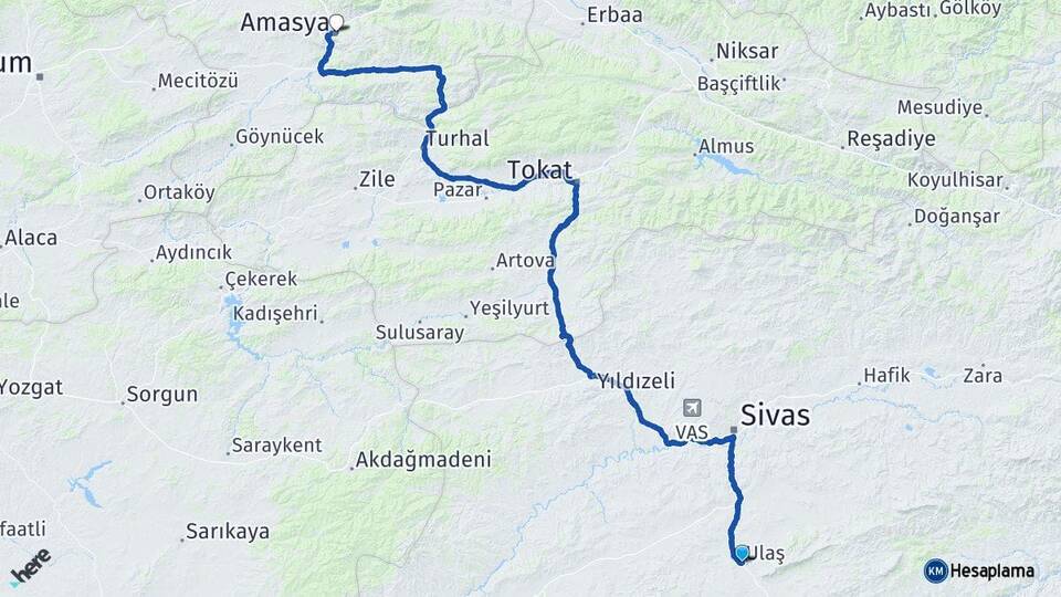 Sivas Ulaş Amasya Arası Kaç Km - Yol Haritası
