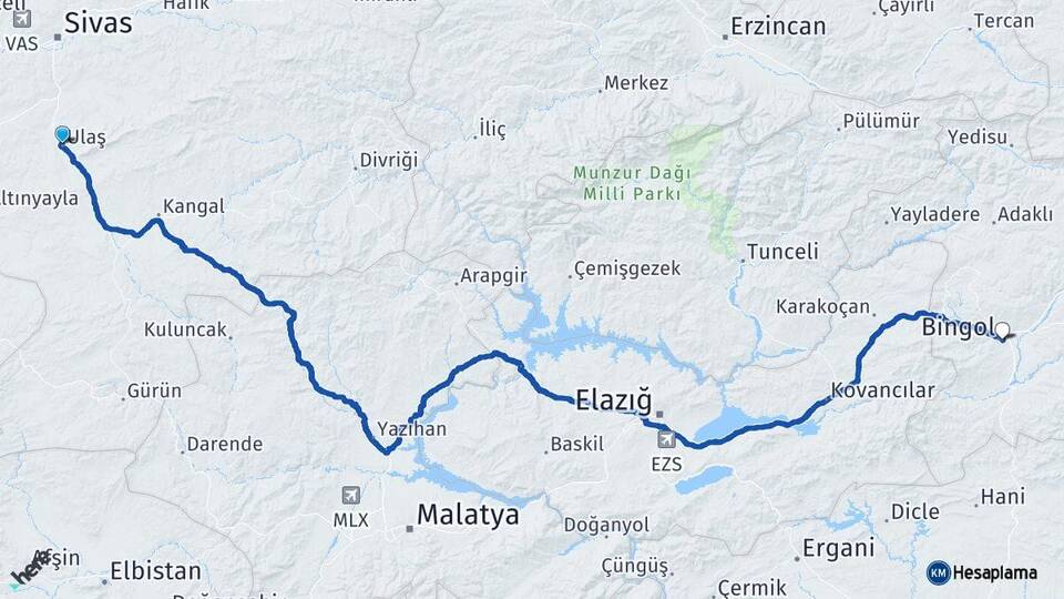 Sivas Ulaş Bingöl Arası Kaç Km - Yol Haritası