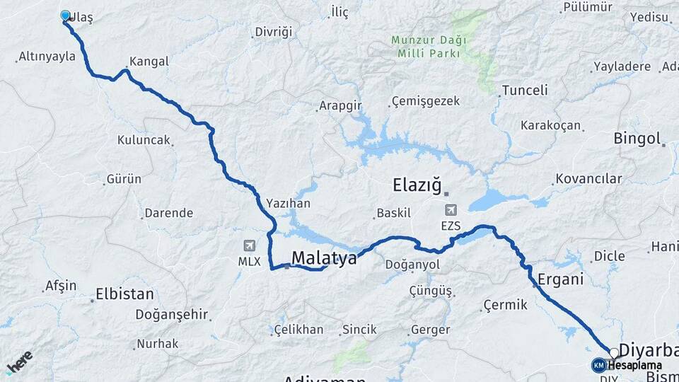 Sivas Ulaş Diyarbakır Arası Kaç Km - Yol Haritası