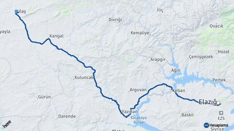 Sivas Ulaş Elazığ Arası Kaç Km - Yol Haritası