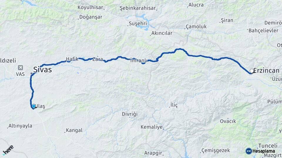 Sivas Ulaş Erzincan Arası Kaç Km - Yol Haritası