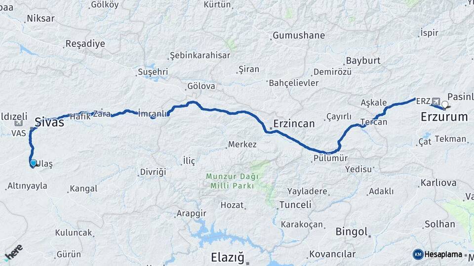Sivas Ulaş Erzurum Arası Kaç Km - Yol Haritası