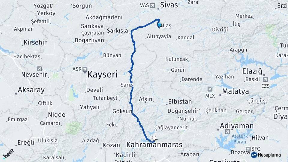 Sivas Ulaş Kahramanmaraş Arası Kaç Km - Yol Haritası