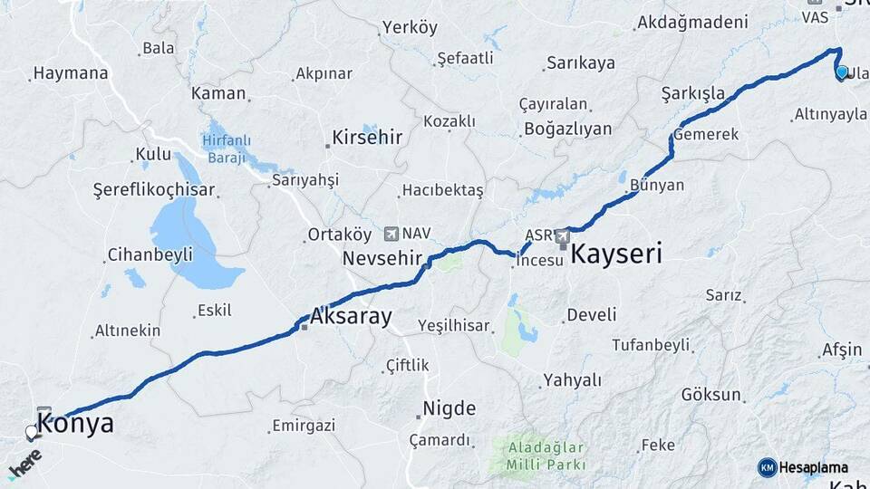 Sivas Ulaş Konya Arası Kaç Km - Yol Haritası