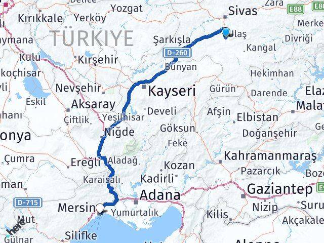 Sivas Ulaş Mersin Arası Kaç Km - Yol Haritası