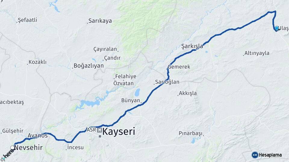 Sivas Ulaş Nevşehir Arası Kaç Km - Yol Haritası