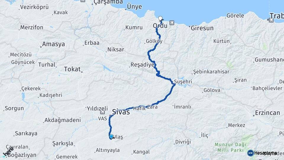 Sivas Ulaş Ordu Arası Kaç Km - Yol Haritası