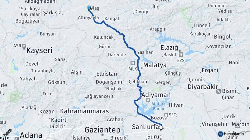 Sivas Ulaş Şanlıurfa Arası Kaç Km - Yol Haritası