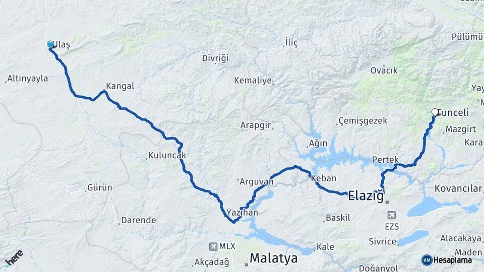 Sivas Ulaş Tunceli Arası Kaç Km - Yol Haritası