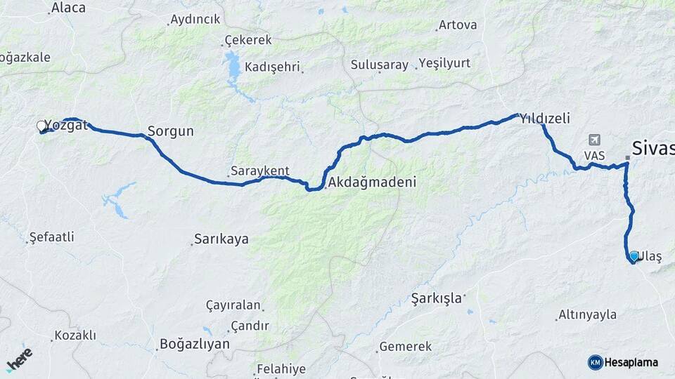 Sivas Ulaş Yozgat Arası Kaç Km - Yol Haritası