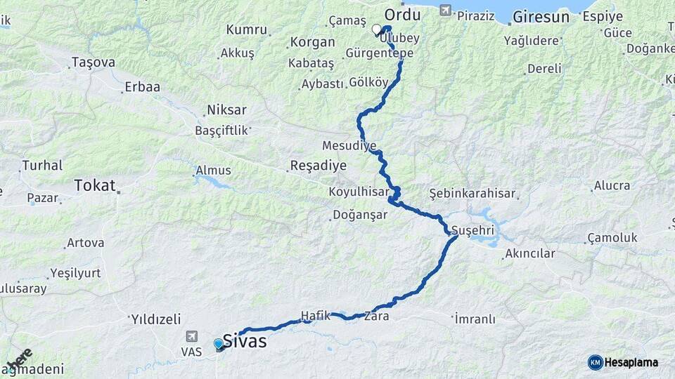 Sivas Ulubey Ordu Arası Kaç Km - Yol Haritası