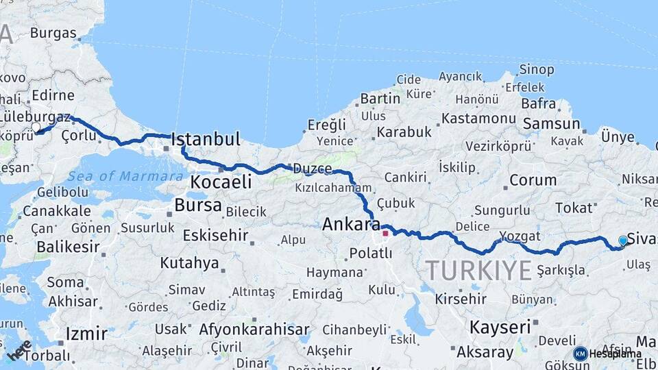 Sivas Uzunköprü Edirne Arası Kaç Km - Yol Haritası
