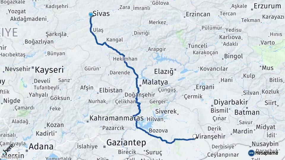 Sivas Viranşehir Şanlıurfa Arası Kaç Km - Yol Haritası