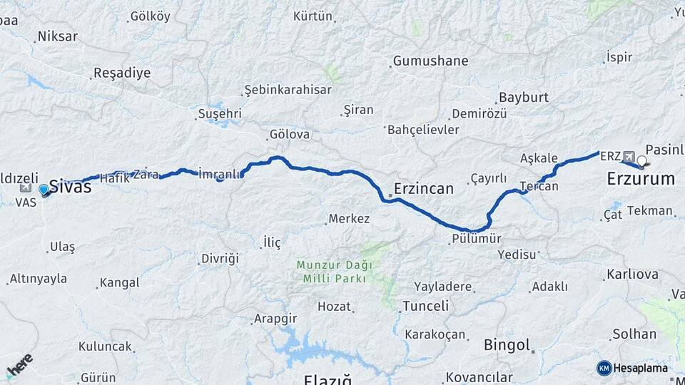 Sivas Yakutiye Erzurum Arası Kaç Km - Yol Haritası