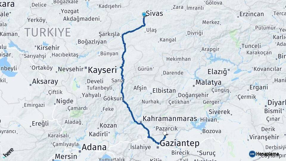 Sivas Yavuzeli Gaziantep Arası Kaç Km - Yol Haritası