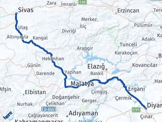 Sivas Yenişehir Diyarbakır Arası Kaç Km - Yol Haritası