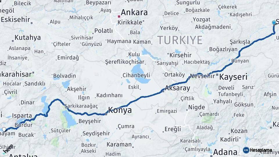 Sivas Yeşilova Burdur Arası Kaç Km - Yol Haritası
