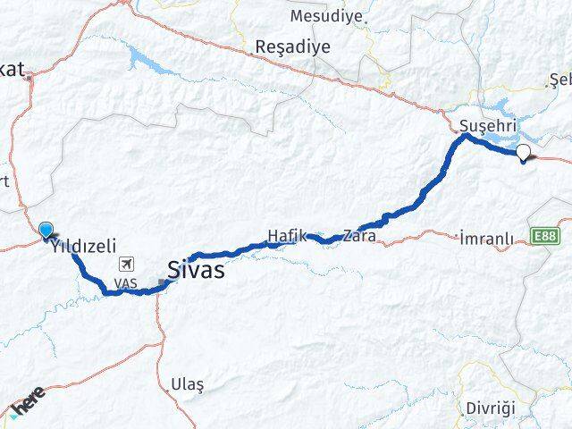 Sivas Yıldızeli Akıncılar Arası Kaç Km - Yol Haritası