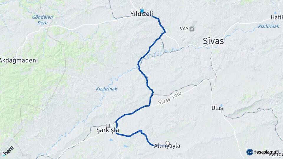 Sivas Yıldızeli Altınyayla Arası Kaç Km - Yol Haritası