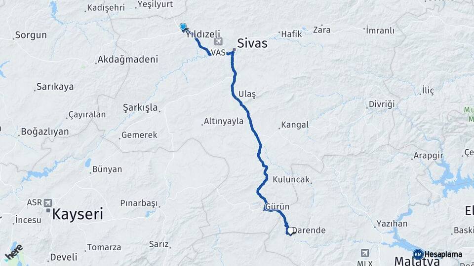 Sivas Yıldızeli Darende Malatya Arası Kaç Km - Yol Haritası