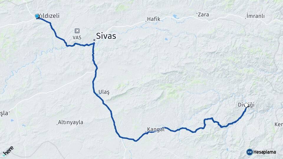 Sivas Yıldızeli Divriği Arası Kaç Km - Yol Haritası