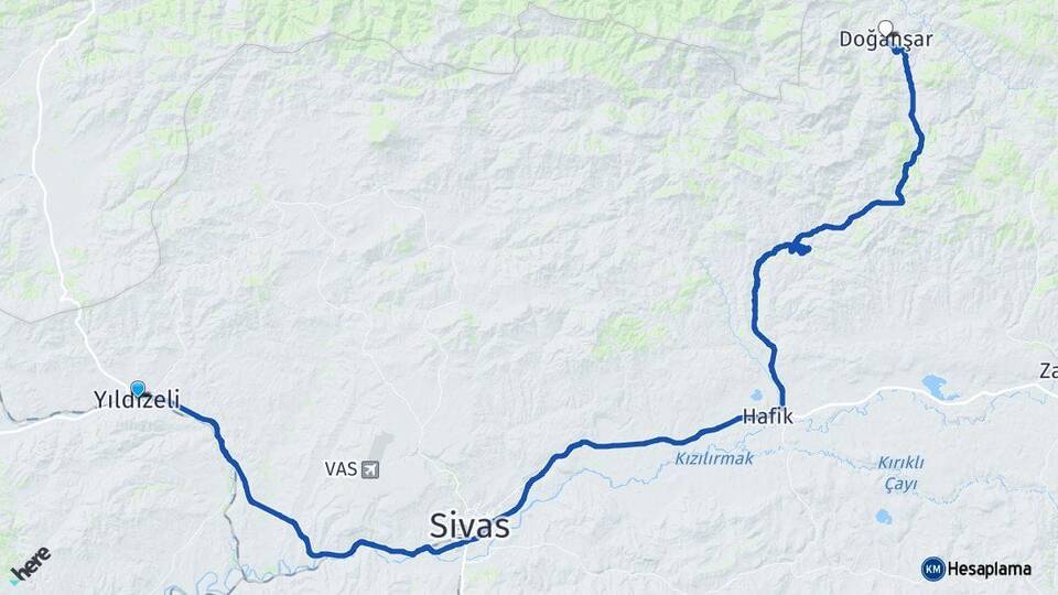 Sivas Yıldızeli Doğanşar Arası Kaç Km - Yol Haritası