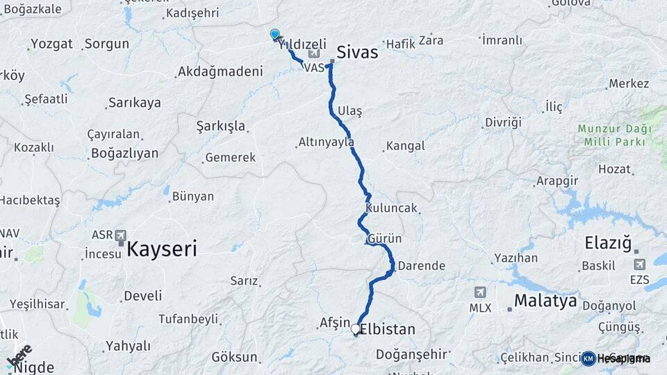 Sivas Yıldızeli Elbistan Kahramanmaraş Arası Kaç Km - Yol Haritası