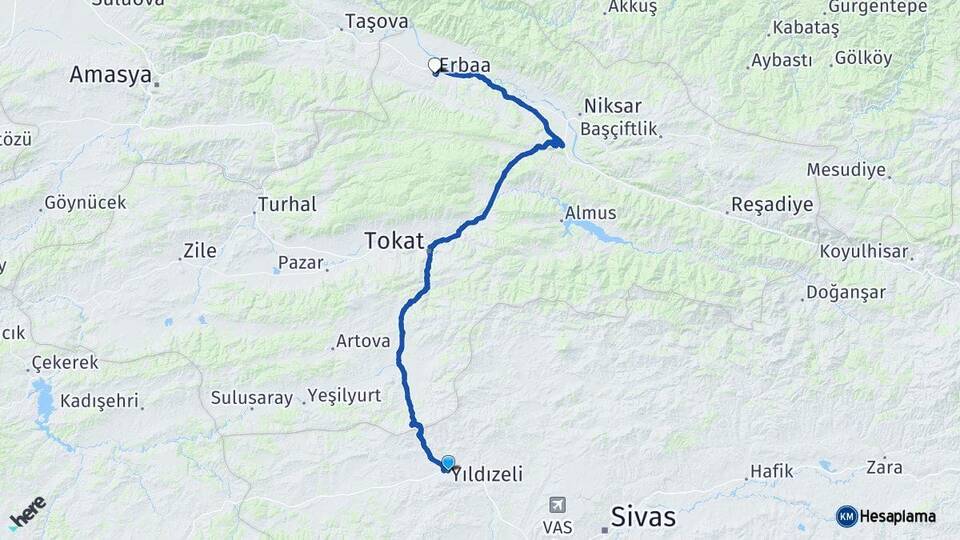 Sivas Yıldızeli Erbaa Tokat Arası Kaç Km - Yol Haritası