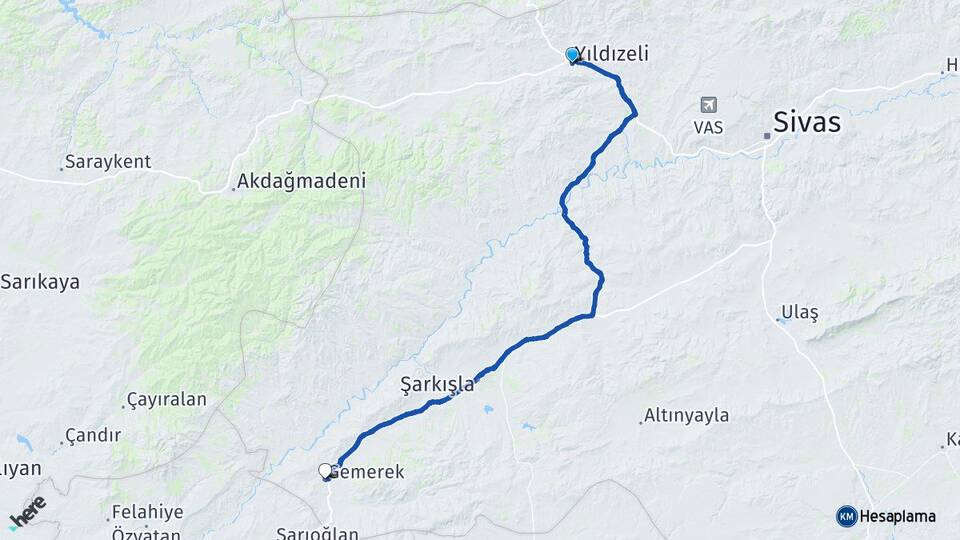 Sivas Yıldızeli Gemerek Arası Kaç Km - Yol Haritası