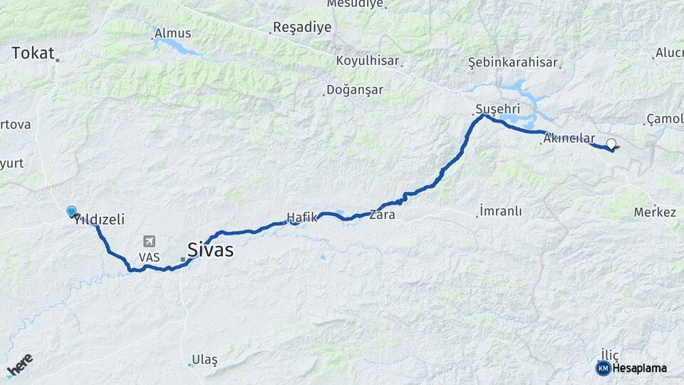 Sivas Yıldızeli Gölova Arası Kaç Km - Yol Haritası