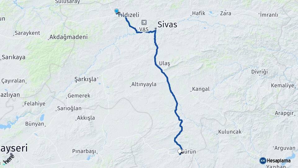 Sivas Yıldızeli Gürün Arası Kaç Km - Yol Haritası