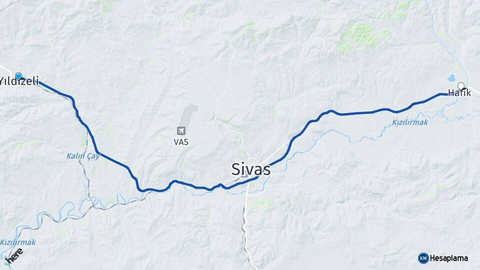 Sivas Yıldızeli Hafik Arası Kaç Km - Yol Haritası