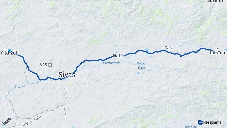 Sivas Yıldızeli İmranlı Arası Kaç Km - Yol Haritası