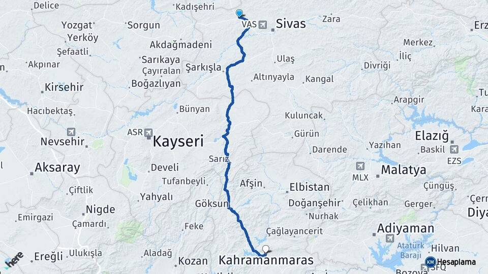 Sivas Yıldızeli Kahramanmaraş Arası Kaç Km - Yol Haritası
