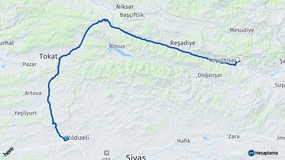 Sivas Yıldızeli Koyulhisar Arası Kaç Km - Yol Haritası