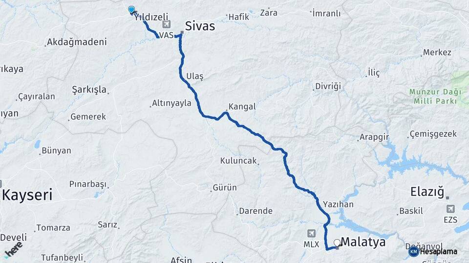 Sivas Yıldızeli Malatya Arası Kaç Km - Yol Haritası