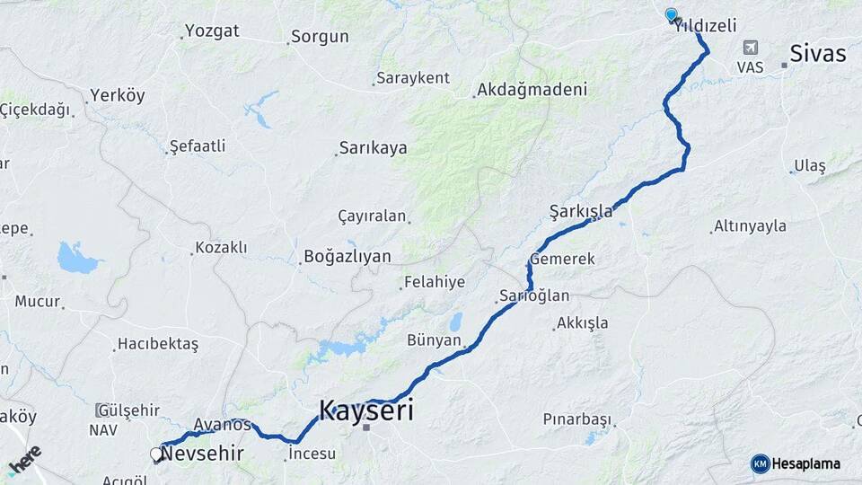 Sivas Yıldızeli Nevşehir Arası Kaç Km - Yol Haritası