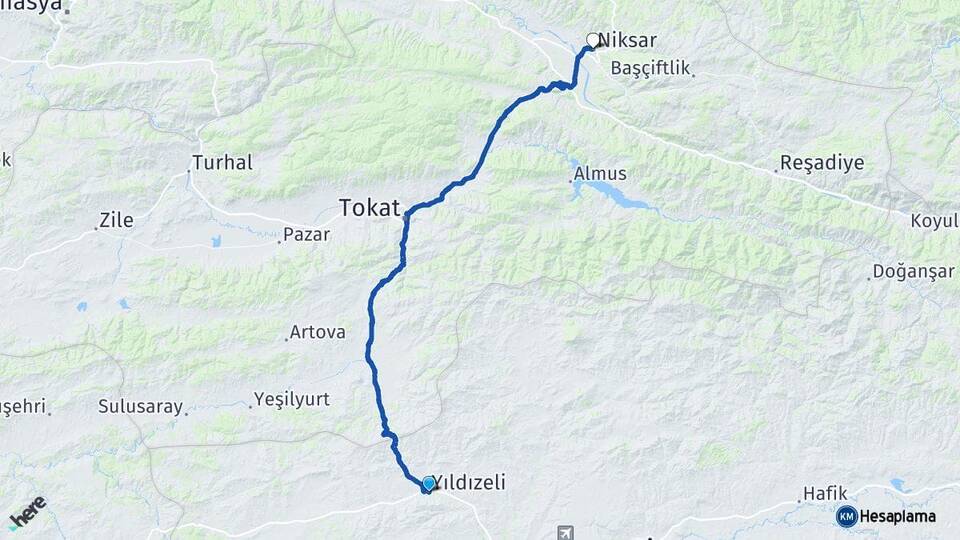 Sivas Yıldızeli Niksar Tokat Arası Kaç Km - Yol Haritası