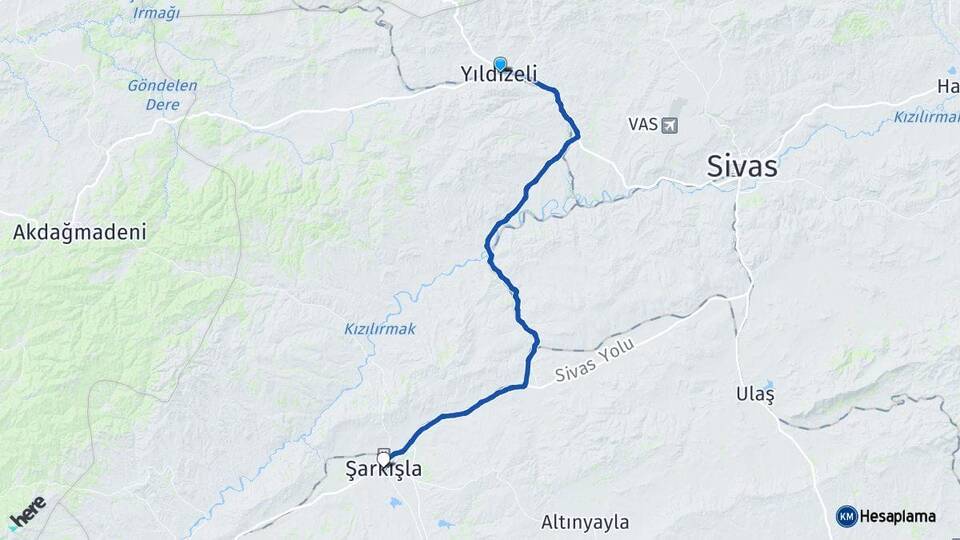 Sivas Yıldızeli Şarkışla Arası Kaç Km - Yol Haritası