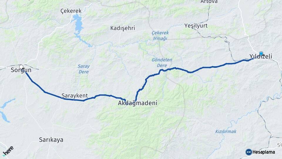 Sivas Yıldızeli Sorgun Yozgat Arası Kaç Km - Yol Haritası