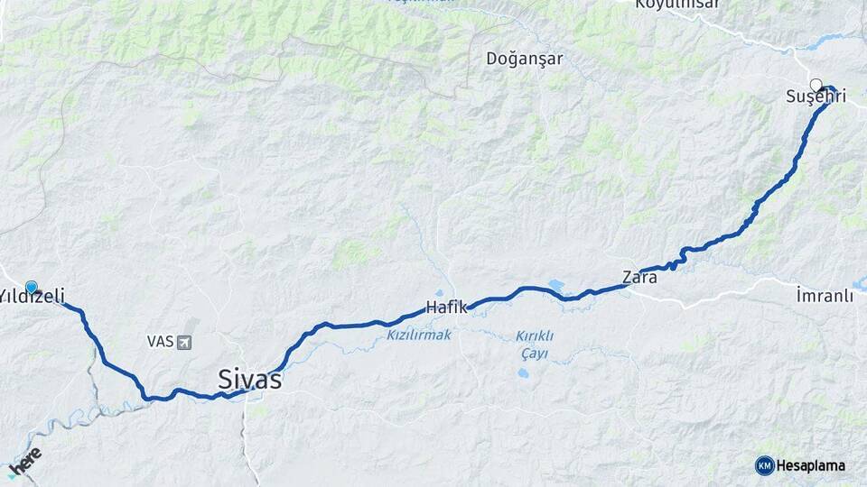Sivas Yıldızeli Suşehri Arası Kaç Km - Yol Haritası