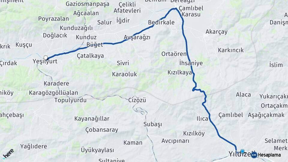Sivas Yıldızeli Yeşilyurt Tokat Arası Kaç Km - Yol Haritası