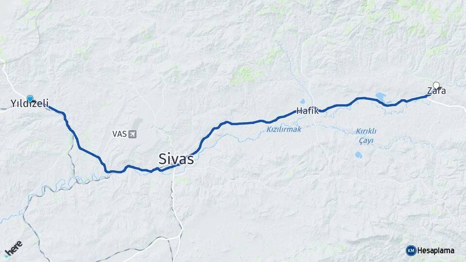 Sivas Yıldızeli Zara Arası Kaç Km - Yol Haritası